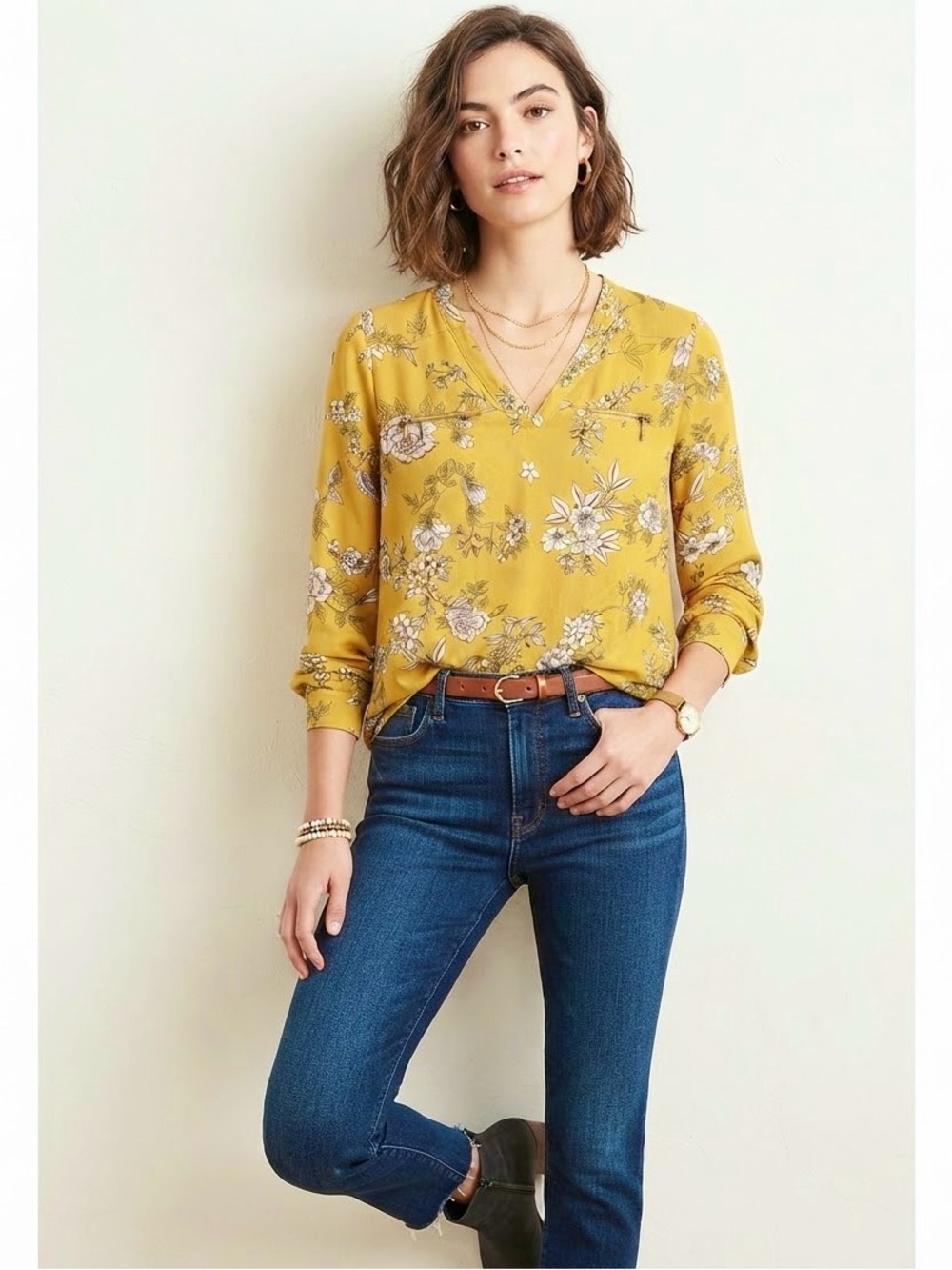 Maurices Yellow Floral Print Blouse Size L Gold Zipper Accents Long Sleeve Top